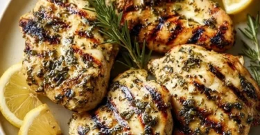 Lemon herb grilled chicken served with fresh herbs and lemon slices
