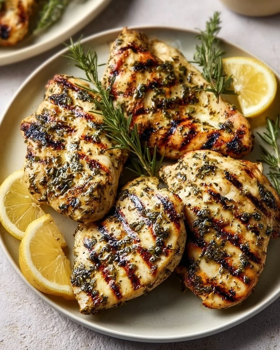 Lemon herb grilled chicken served with fresh herbs and lemon slices