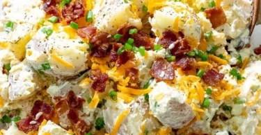 Delicious Loaded Baked Potato Salad topped with cheese, bacon, and green onions