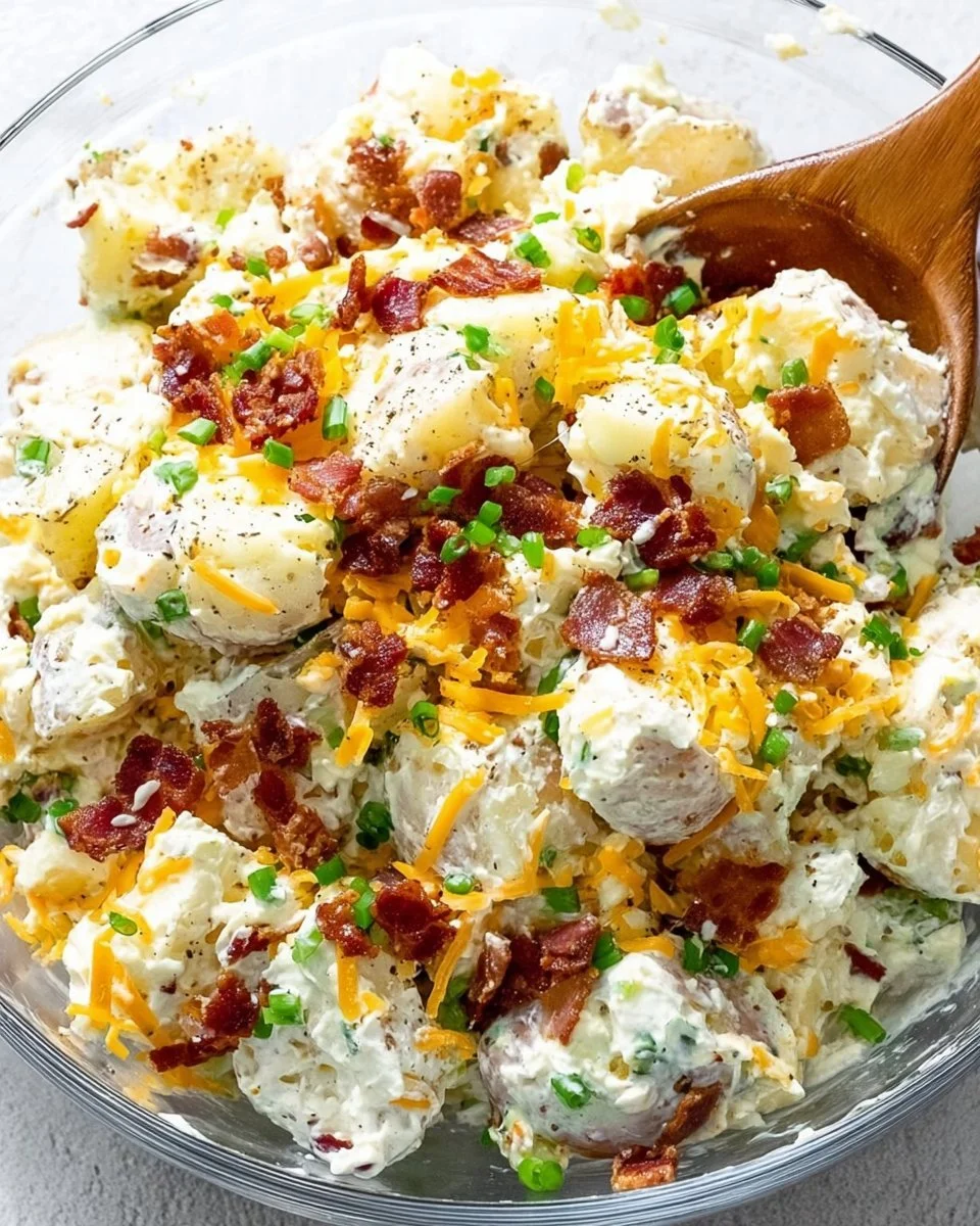 Delicious Loaded Baked Potato Salad topped with cheese, bacon, and green onions