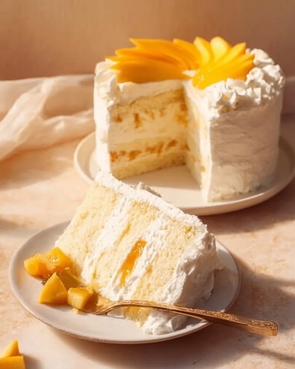 Delicious Mango Cream Chiffon Cake topped with fresh mango slices