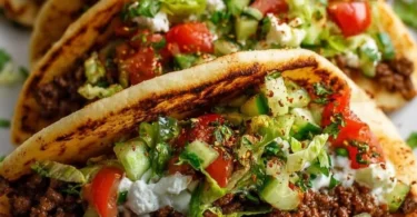 Mediterranean ground beef stuffed in pita pockets with fresh vegetables