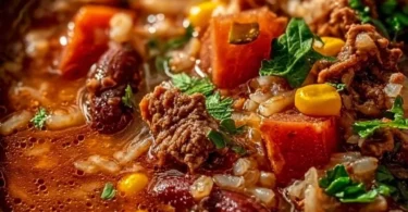 Bowl of authentic Mexican Beef and Rice Soup garnished with fresh herbs.
