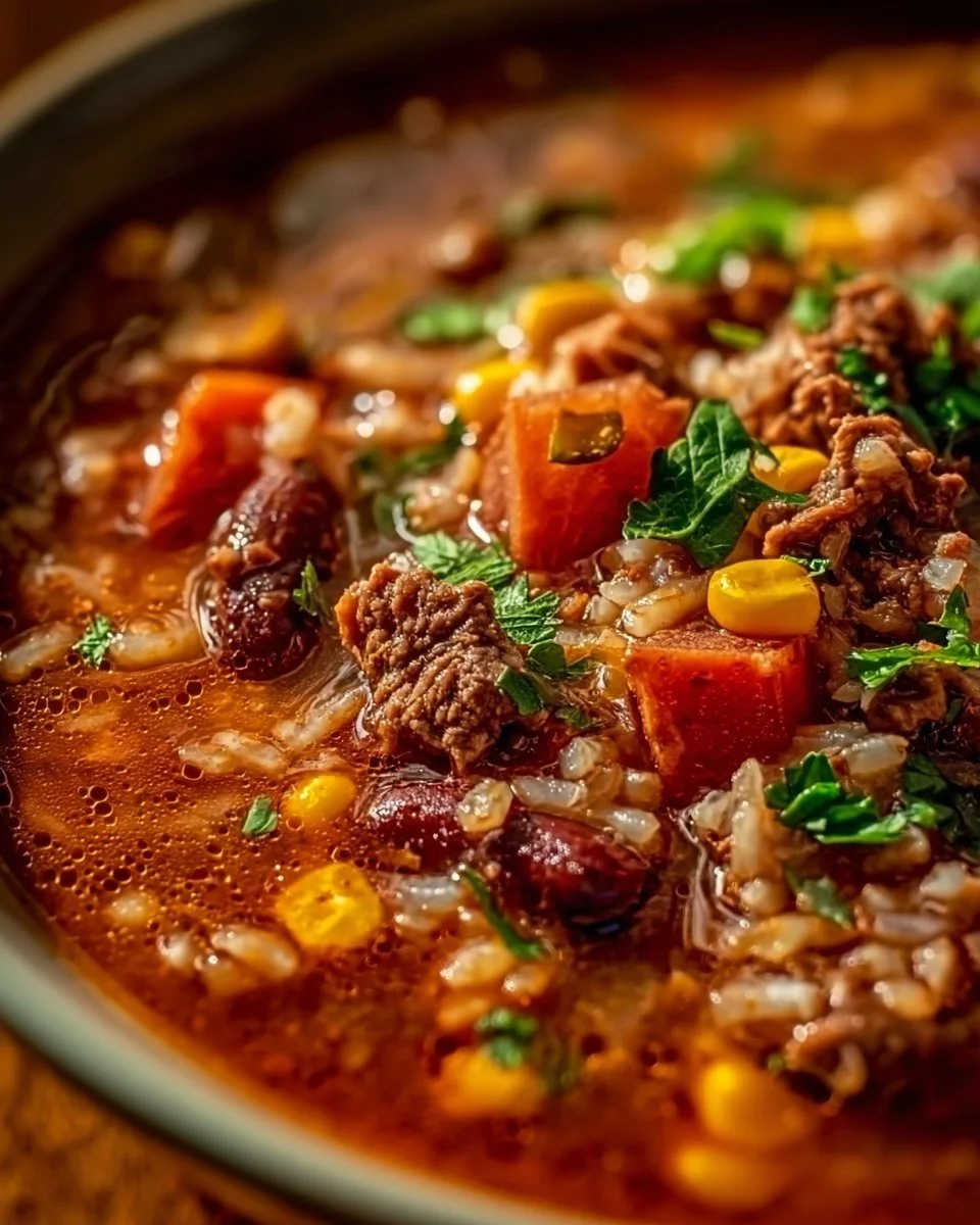 Bowl of authentic Mexican Beef and Rice Soup garnished with fresh herbs.