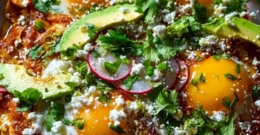 Delicious homemade Mexican chilaquiles served with toppings