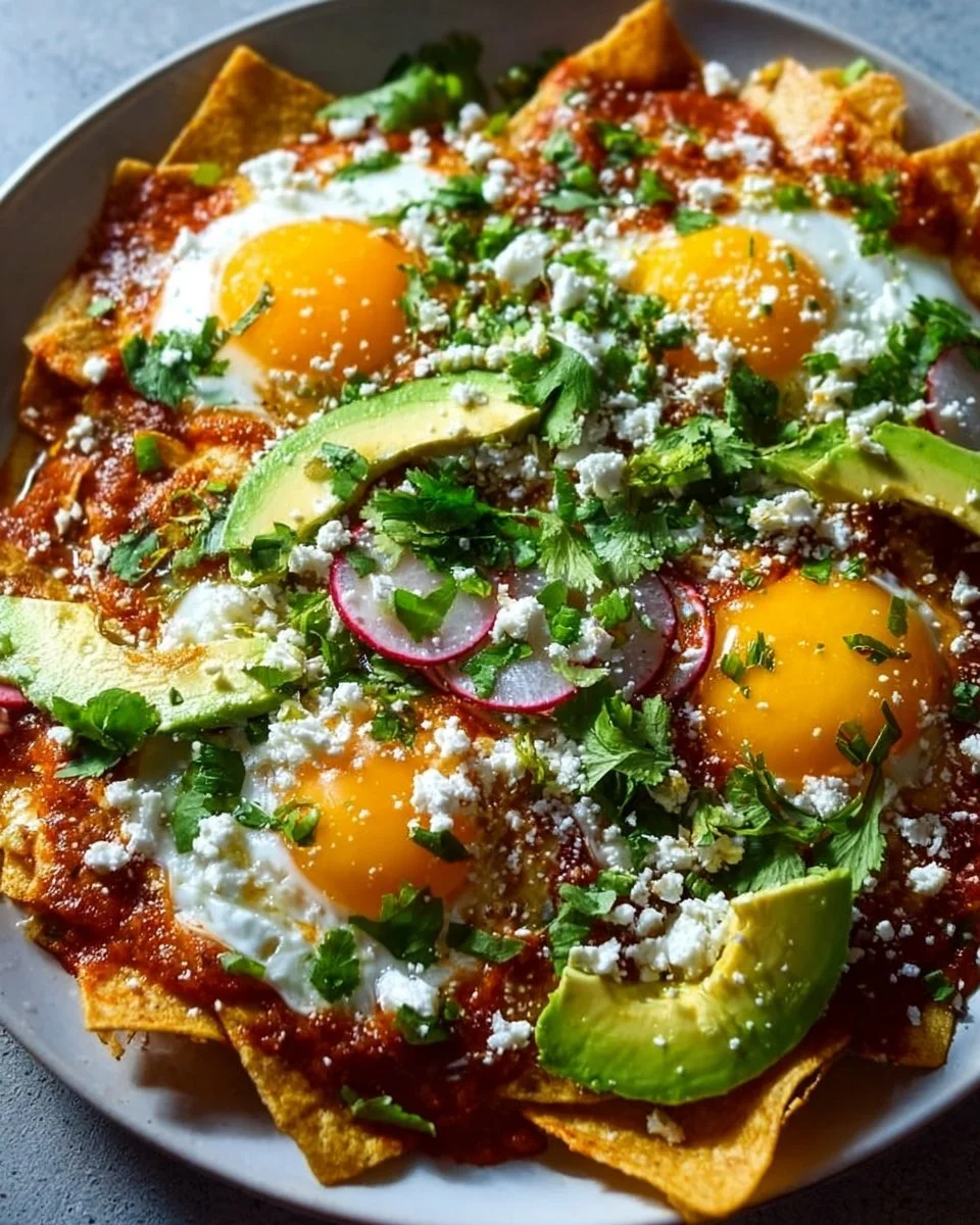 Delicious homemade Mexican chilaquiles served with toppings