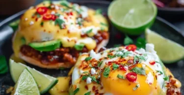 Plate of Mexican Eggs Benedict topped with avocado and salsa