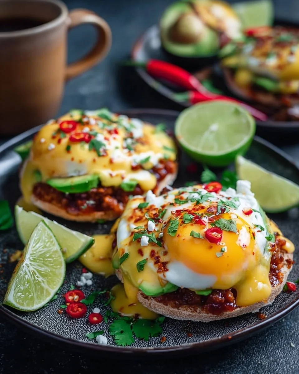 Plate of Mexican Eggs Benedict topped with avocado and salsa