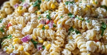 Bowl of Mexican street corn pasta salad with vibrant ingredients
