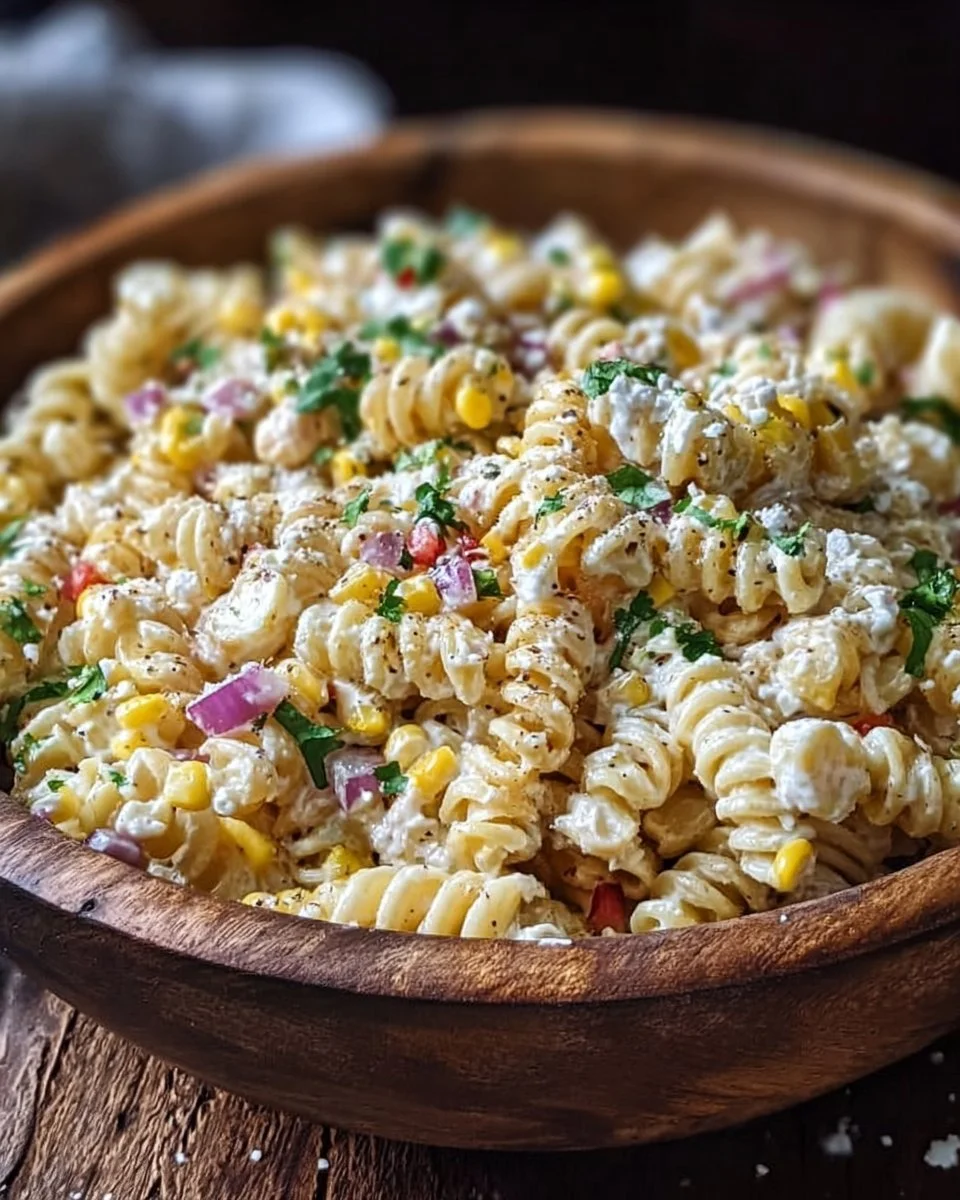 Bowl of Mexican street corn pasta salad with vibrant ingredients