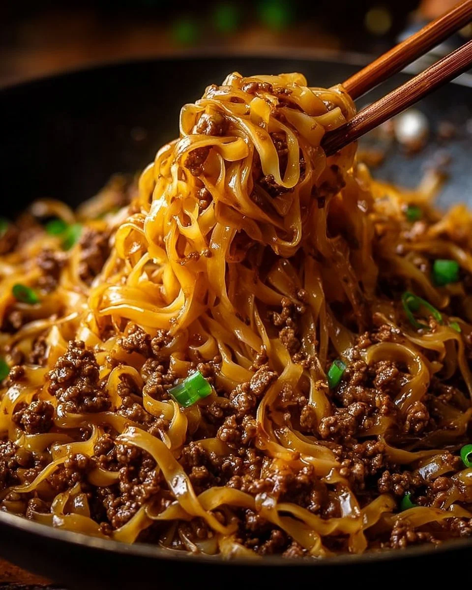 A vibrant dish of Mongolian ground beef noodles topped with fresh vegetables.
