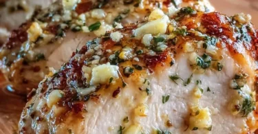 Deliciously tender oven-baked chicken breast served with herbs.