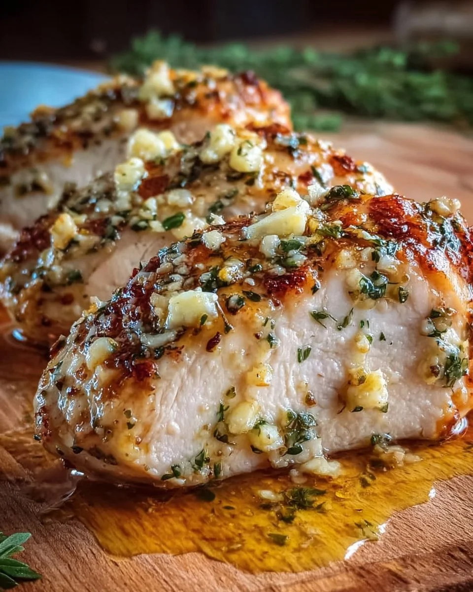 Deliciously tender oven-baked chicken breast served with herbs.