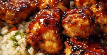 One-Pan Bold Honey BBQ Chicken Rice dish with garnishes and colorful presentation.