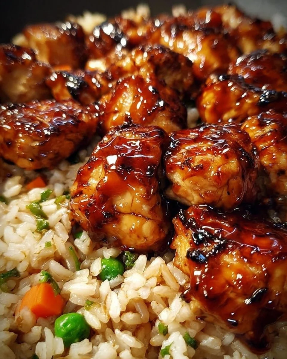 One-Pan Bold Honey BBQ Chicken Rice dish with garnishes and colorful presentation.