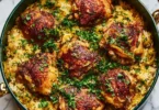 One-pot crispy chicken and rice with herbs and spices, served in a skillet.