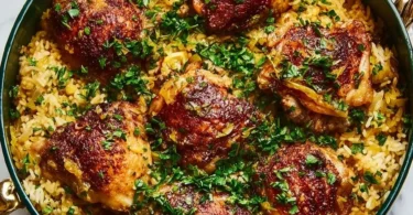 One-pot crispy chicken and rice with herbs and spices, served in a skillet.