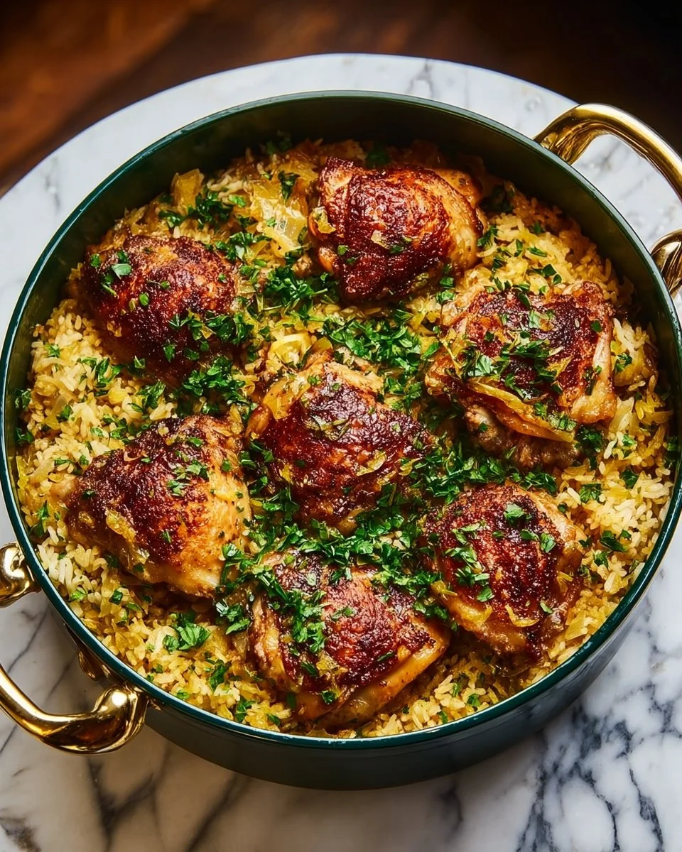 One-pot crispy chicken and rice with herbs and spices, served in a skillet.