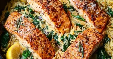 One skillet salmon with lemon orzo recipe, quick and healthy weeknight meal.