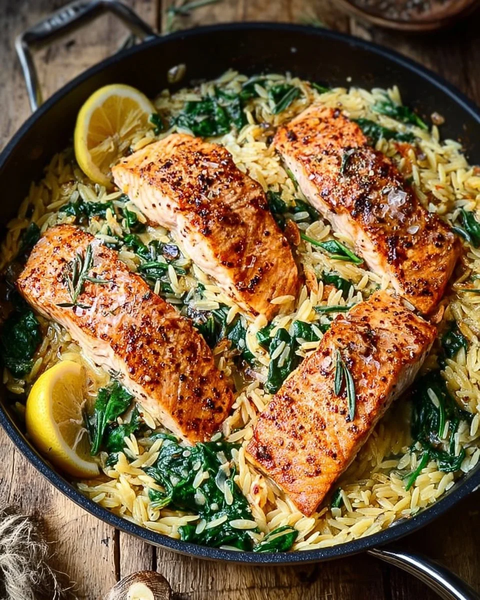 One skillet salmon with lemon orzo recipe, quick and healthy weeknight meal.