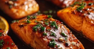 Delicious orange glazed salmon served on a plate with lemon garnish