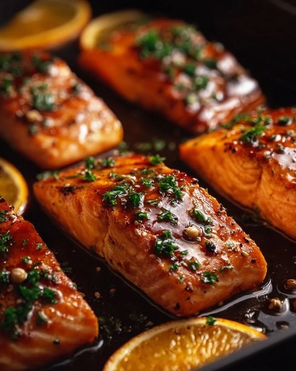 Delicious orange glazed salmon served on a plate with lemon garnish