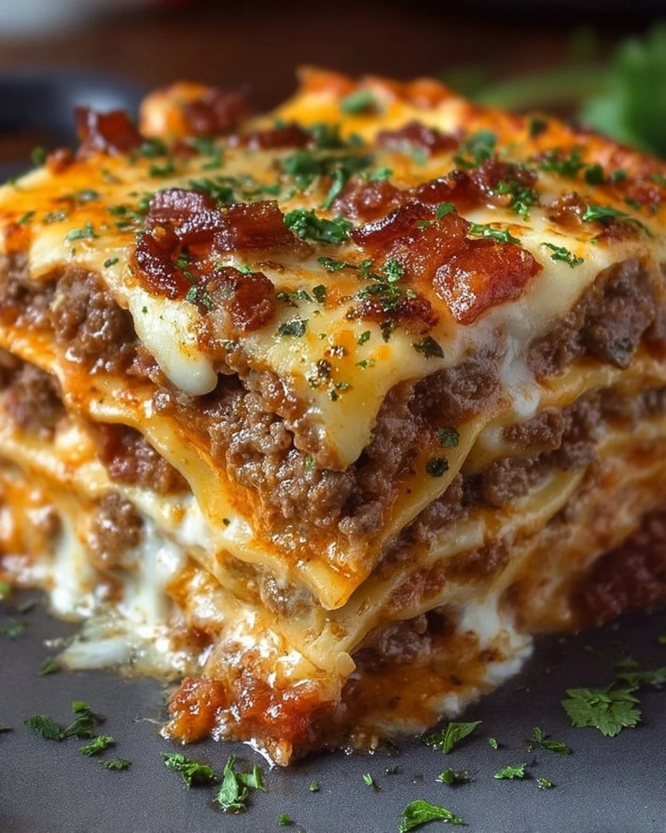Parmesan Garlic Bacon Cheeseburger Lasagna, a delicious twist on classic lasagna.