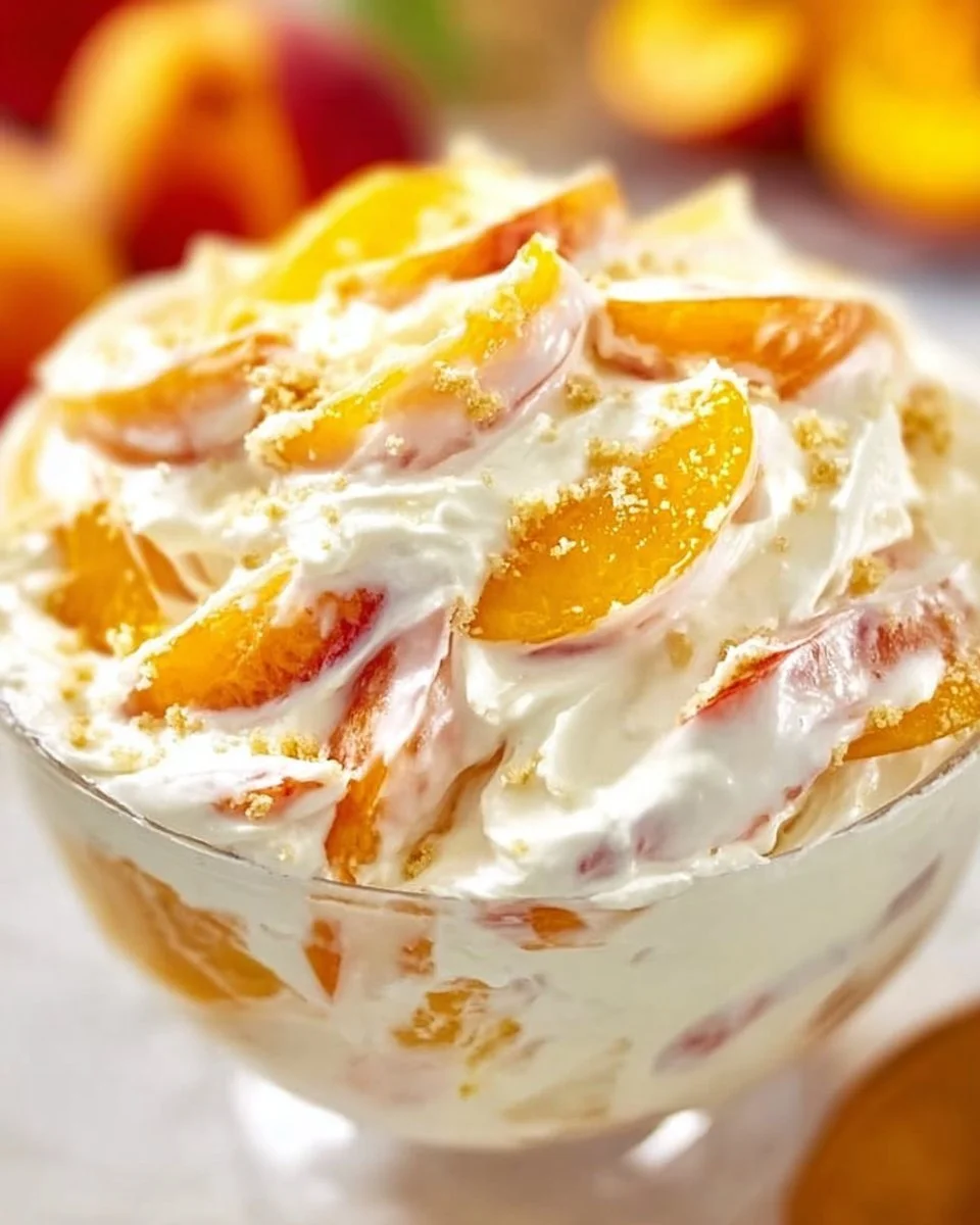 Delicious Peach Cheesecake Salad topped with fresh peaches and creamy cheesecake