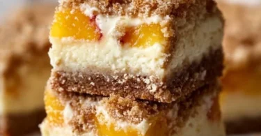 Peach Cobbler Cheesecake Bars topped with peach slices and crumble