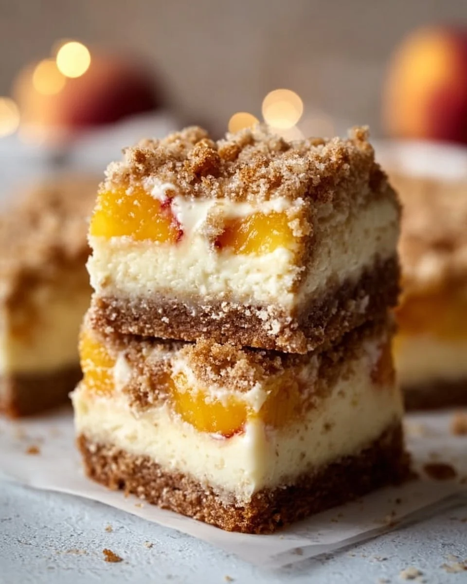 Peach Cobbler Cheesecake Bars topped with peach slices and crumble