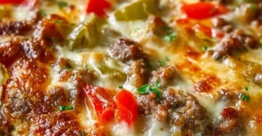 Delicious Philly Cheesesteak Casserole topped with melted cheese and fresh ingredients