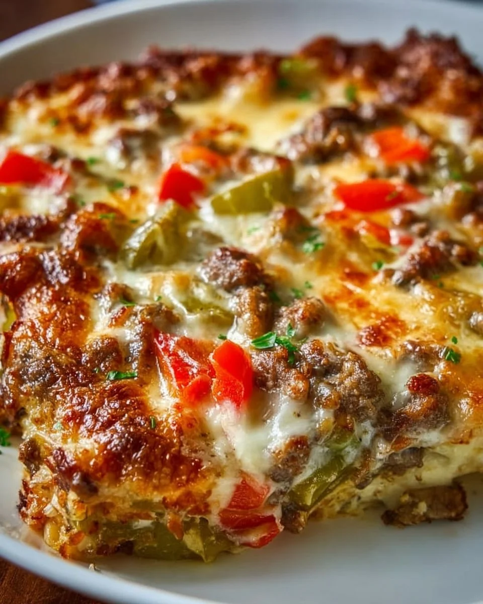 Delicious Philly Cheesesteak Casserole topped with melted cheese and fresh ingredients