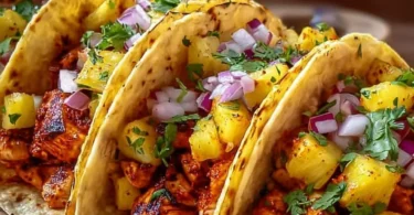 Delicious pineapple chicken tacos served with fresh toppings in a vibrant setting.