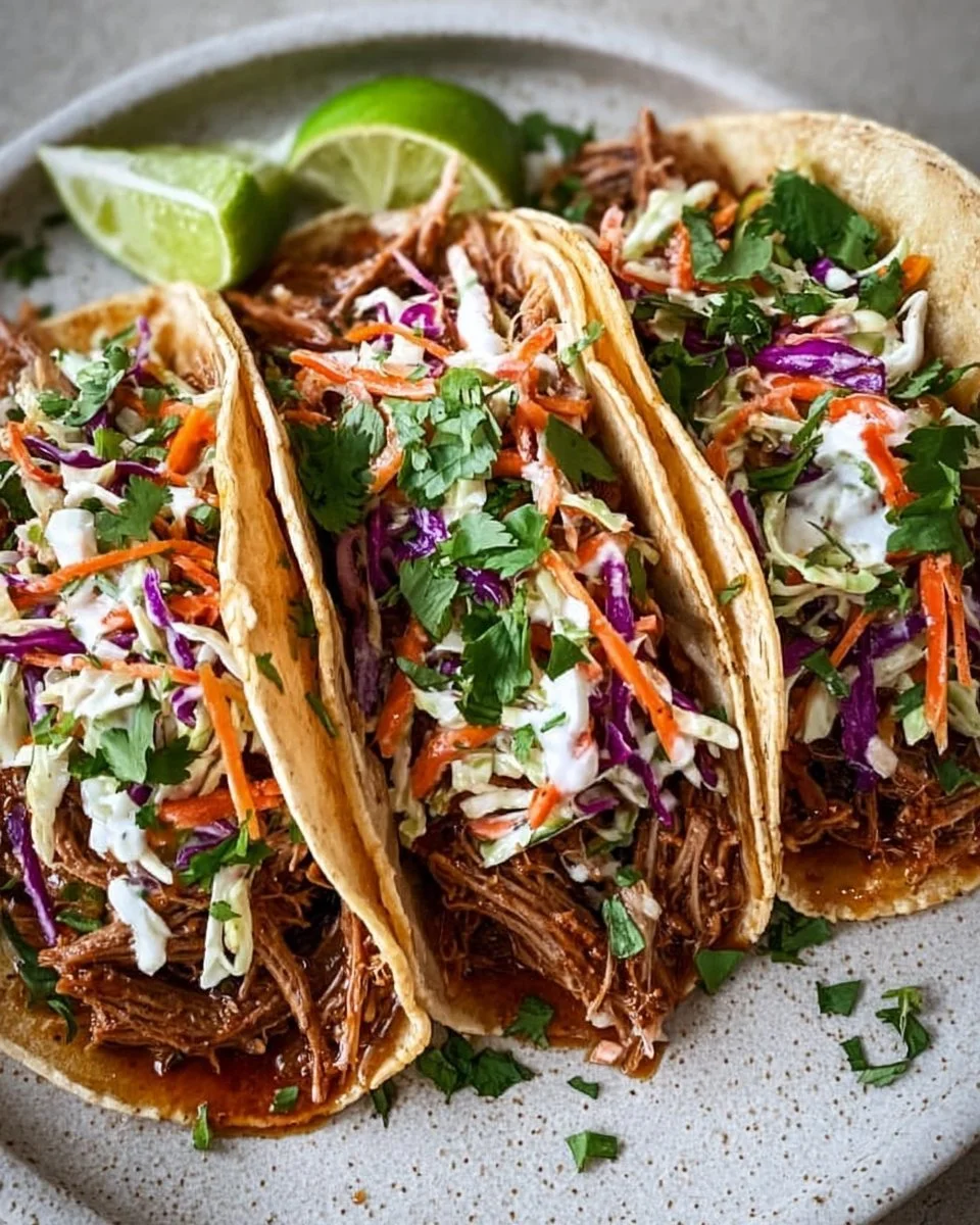Pulled pork tacos topped with tangy slaw on a wooden board