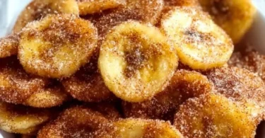 Cinnamon-sugar air fryer banana chips served in a bowl