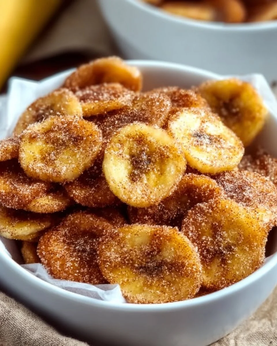 Cinnamon-sugar air fryer banana chips served in a bowl