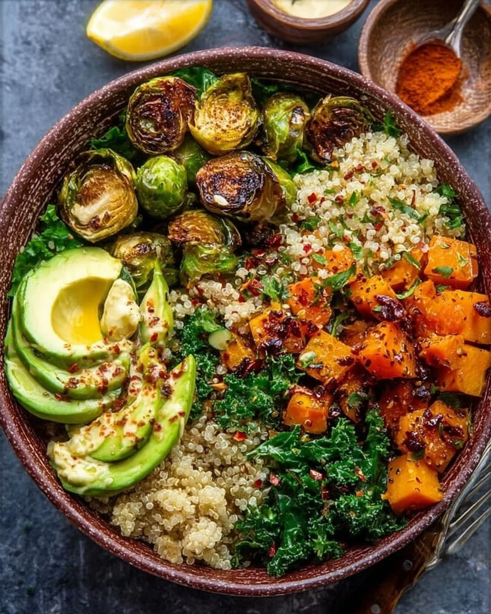 Quinoa and Veggie Power Bowls topped with fresh vegetables