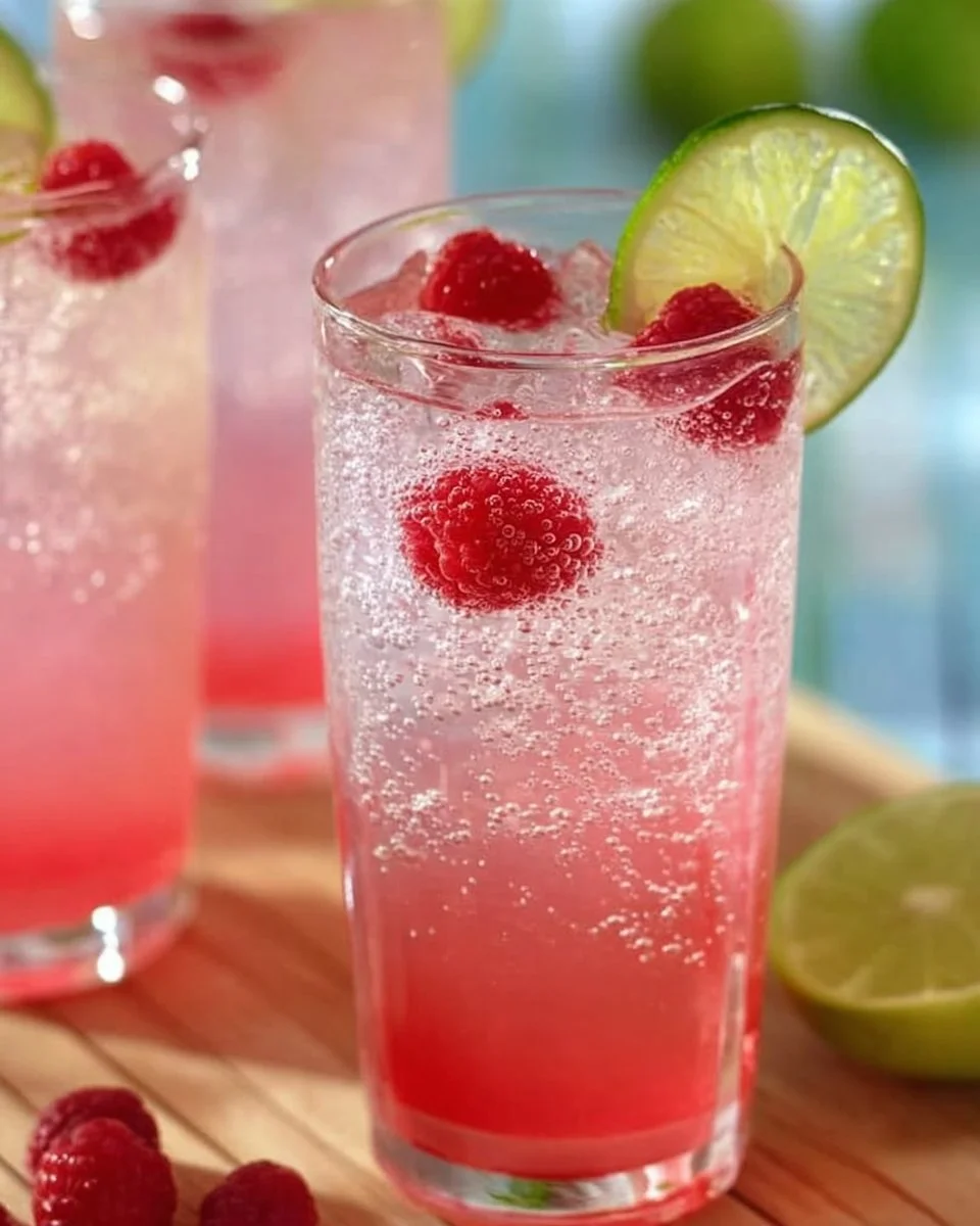 A glass of Raspberry Key Lime Italian Soda with lime slices and raspberries