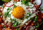 Delicious Red Chilaquiles topped with avocado and sour cream
