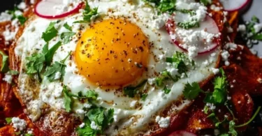 Delicious Red Chilaquiles topped with avocado and sour cream