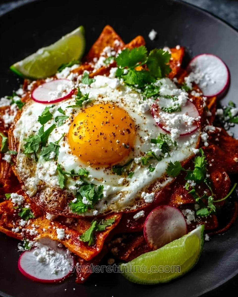 Delicious Red Chilaquiles topped with avocado and sour cream