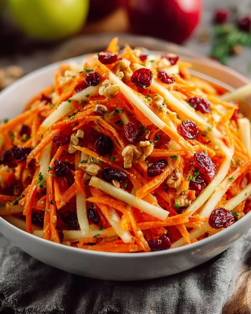 Bowl of refreshing apple cranberry carrot salad with vibrant ingredients
