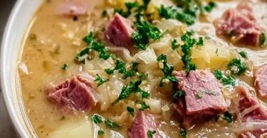 Bowl of creamy Reuben Soup topped with corned beef and Swiss cheese