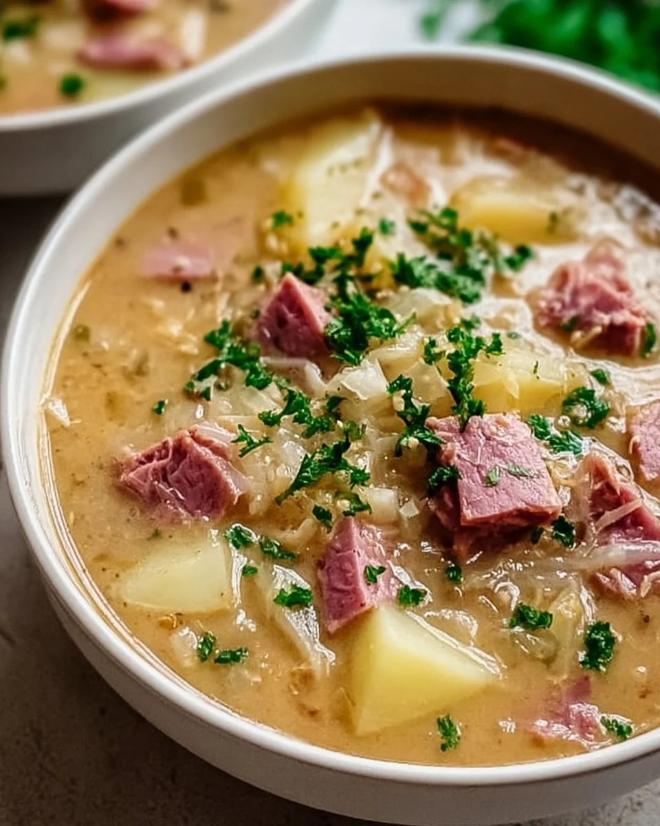 Bowl of creamy Reuben Soup topped with corned beef and Swiss cheese