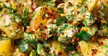 A bowl of roasted potato salad with herbs and dressing, ready to serve.