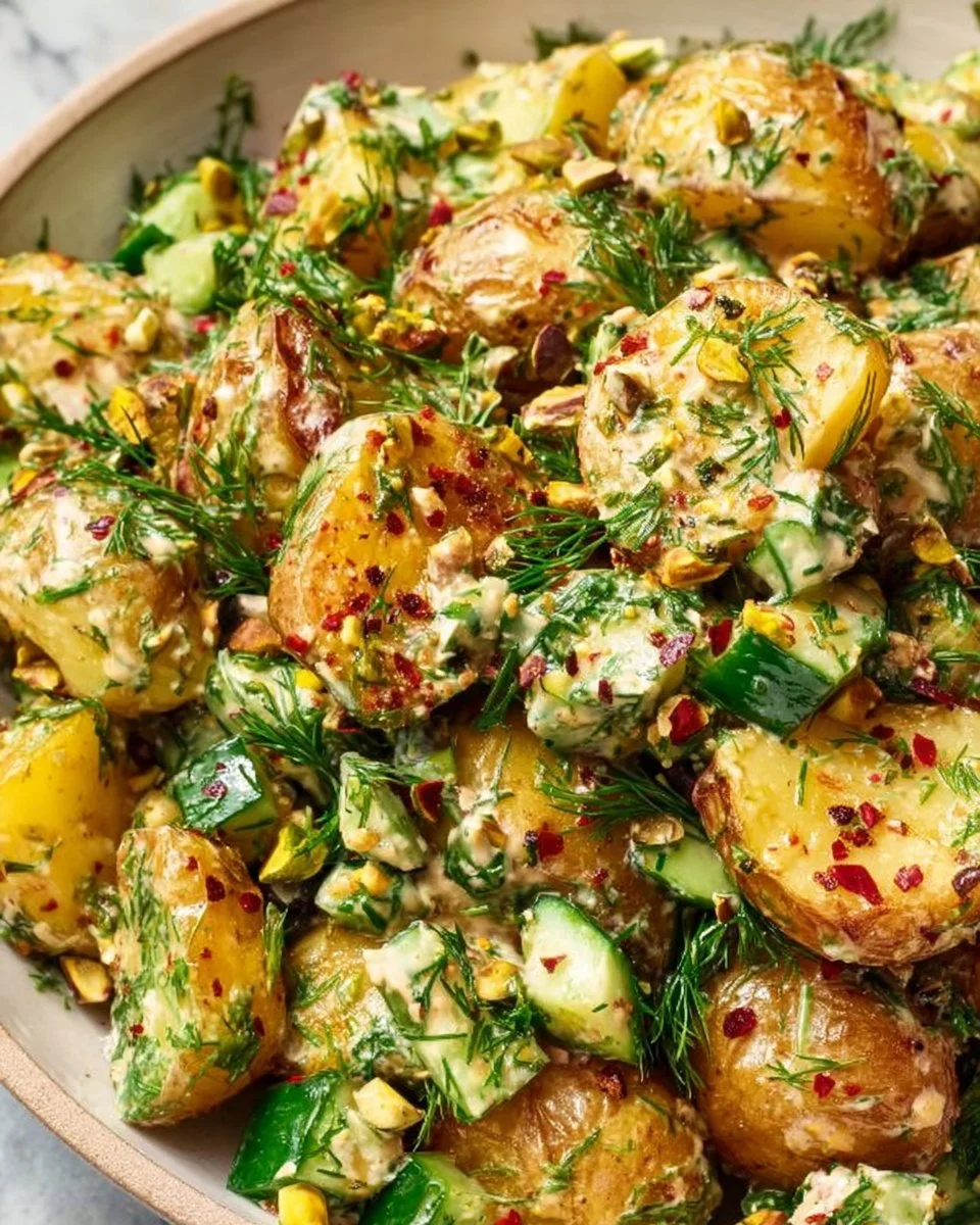 A bowl of roasted potato salad with herbs and dressing, ready to serve.