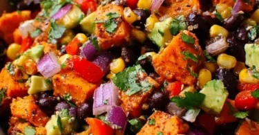 Roasted Sweet Potato Black Bean Salad in a bowl with colorful ingredients.
