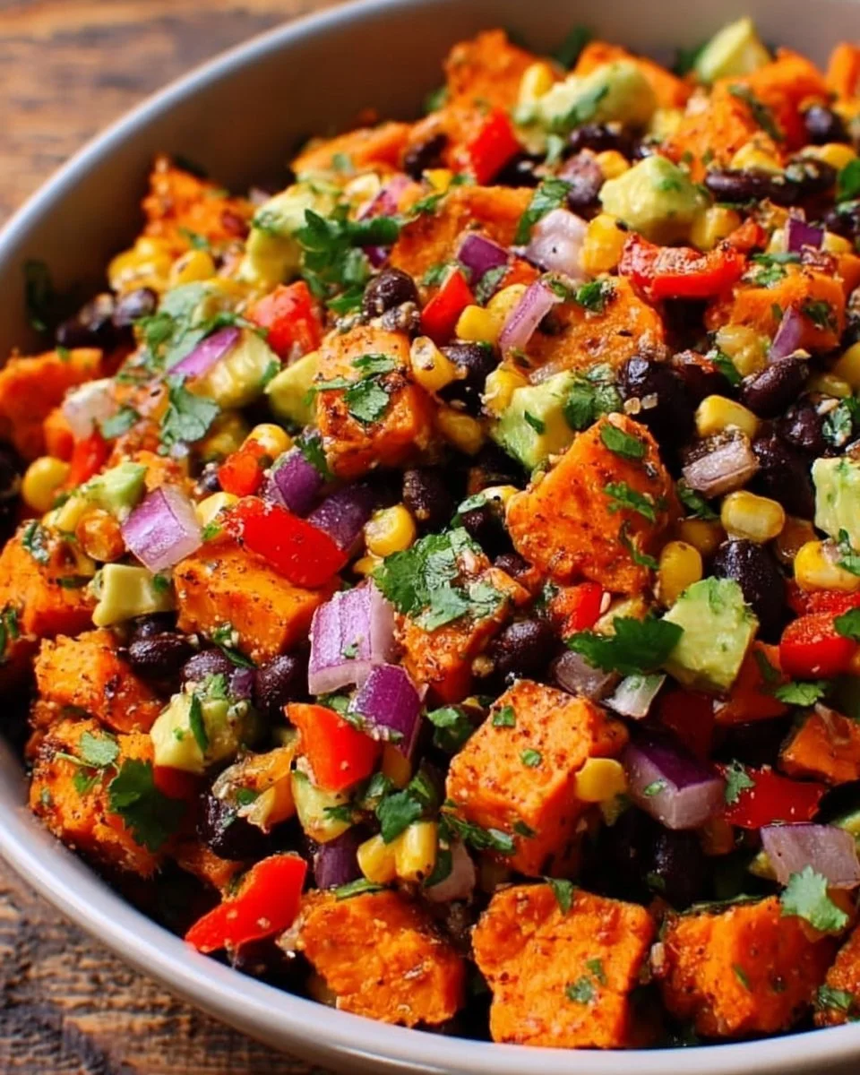 Roasted Sweet Potato Black Bean Salad in a bowl with colorful ingredients.