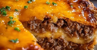 Savory cheeseburger pie topped with melted cheese and herbs