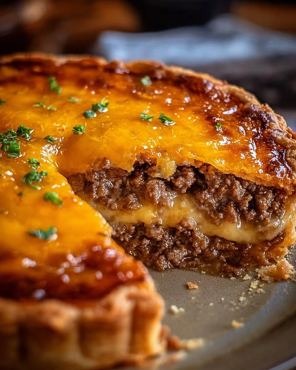 Savory cheeseburger pie topped with melted cheese and herbs